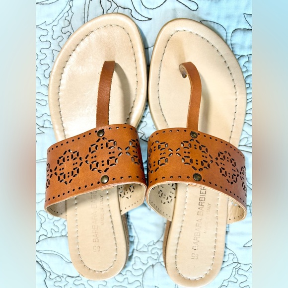 BARBARA BARBIERI Laser Cutout Leather  Thong Sandals Sz 6.5 - Picture 1 of 8